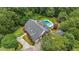 Stunning aerial view of a red brick home with a pool and lush landscaping nestled amongst mature trees at 750 Old Loganville Road Southwest, Loganville, GA 30052