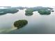 Aerial view of islands in the middle of a large lake, surrounded by trees at 6381 Lakeview Dr, Buford, GA 30518