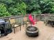 A cozy outdoor deck featuring chairs, a fire pit, and a lush green backdrop at 3233 Rockmill Dr, Ellenwood, GA 30294