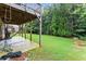 Spacious backyard with a covered patio, lush lawn and mature trees at 4130 Millbrook Ct, Suwanee, GA 30024