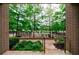 Exterior view of green lawn, trees, and fence, as viewed from a brick patio at 390 17Th Nw St # 2053, Atlanta, GA 30363