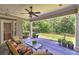 Cozy covered patio with comfortable seating, ceiling fan, and view of the serene backyard at 825 Chalet Hls, Mcdonough, GA 30253