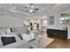 Open-concept living room with stone fireplace flows into the kitchen and breakfast nook at 3940 Frasier Dr, Cumming, GA 30028