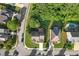 Aerial view of the property showcasing the house, yard, pool, and surrounding neighborhood with mature trees at 109 Hale View Cir, Canton, GA 30114