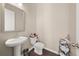 Compact powder room with a pedestal sink, and a decorative basket for storing toilet paper at 20057 Windalier Way, Roswell, GA 30076