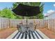 Cozy patio space with a striped rug, outdoor dining set, umbrella, and privacy fence at 146 Sunset Ln, Woodstock, GA 30189