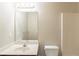 Bathroom with a single sink vanity, large mirror, and white toilet at 513 Shadow Valley Ct, Lithonia, GA 30058