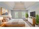 Spacious main bedroom with tray ceiling, large windows, and calming color palette at 901 Chadwick Park Dr, Lawrenceville, GA 30045