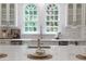 Close-up of quartz countertops and backsplash, stainless steel faucet, and decoratively-designed windows at 3795 Newport Bay Dr, Alpharetta, GA 30005