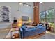 Bright living room with large window, exposed brick wall, and comfortable blue sofa at 195 Arizona Ne Ave # 199, Atlanta, GA 30307