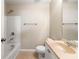 Neutrally decorated bathroom with a tub and shower, vanity with sink, and modern toilet at 213 Riverstone Commons Cir, Canton, GA 30114