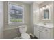 Bathroom featuring a white vanity, toilet, and a window letting in natural light at 2849 Snapfinger Rd, Decatur, GA 30034