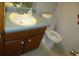 Modest bathroom with a standard white toilet, laminate countertop and wood cabinets at 340 Sherwood Se Cir, Conyers, GA 30094