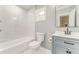 Modern bathroom with tub, shower and stylish single sink vanity at 7074 Babbling Brook Dr, Jonesboro, GA 30236