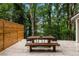 Outdoor deck area, with a wooden table and chairs, and wood privacy fence at 6178 Lake Lanier Height Rd, Buford, GA 30518