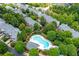 Aerial view of a neighborhood featuring a community pool and lush green trees at 11352 Musette Cir, Alpharetta, GA 30009