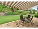 Outdoor patio featuring stone flooring, beautiful landscaping, and a striped awning providing shade for outdoor seating at 406 Horizon Trl, Canton, GA 30114