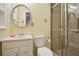 Bathroom with a tiled shower, round mirror, white vanity and toilet at 2790 Laurel Ridge Dr, Decatur, GA 30033