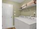 Laundry room featuring a white washer and dryer, wire shelving, and a white painted door at 2145 Charleston Oak Cir, Lawrenceville, GA 30043