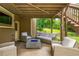 Inviting covered patio with comfortable seating, a blue fire pit, and a mounted TV for outdoor entertainment at 516 Black Horse Cir, Canton, GA 30114