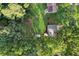 Overhead view of the property, showcasing the backyard, patio area, and surrounding trees in a verdant, leafy environment at 151 Quail Hollow Dr, Dallas, GA 30157