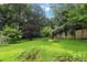 Backyard view featuring a spacious lawn, mature trees, and garden beds at 580 Lilburn School Rd, Lilburn, GA 30047