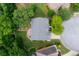 Aerial view of a home showcasing backyard patio, mature trees, lush landscaping and gray roof at 2023 Belridge Se Ct, Smyrna, GA 30080