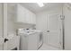 Clean and efficient laundry room with modern washer and dryer, sink and storage cabinets at 2023 Belridge Se Ct, Smyrna, GA 30080