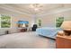 Bright bedroom with tray ceiling, ceiling fan, carpeting, large windows, and a TV on a wooden stand at 1630 Eaglerock Dr, Suwanee, GA 30024