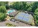 Aerial view of community amenities including a pool and tennis courts at 2020 Ridge Gate Drive Dr, Cumming, GA 30041