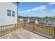 Wooden deck with views of surrounding homes and blue skies, perfect for relaxing and enjoying the neighborhood scenery at 117 Villanueva Rd, Woodstock, GA 30188