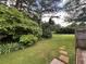 Lush backyard featuring a well-maintained lawn, mature trees, garden beds, and a stone paver path at 333 Etoawha Vly, Woodstock, GA 30189