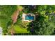 An aerial view showcases a pool, lush landscaping, and patio seating, set within a private and secluded backyard oasis at 3415 Habersham Nw Rd, Atlanta, GA 30305