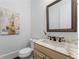 Stylish powder room with a marble countertop vanity and decorative mirror and artistic wall art at 1292 Lenox Park Ne Blvd, Brookhaven, GA 30319