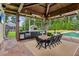 Covered outdoor kitchen and dining area with stainless steel appliances, pizza oven, and backyard views at 150 Trinity Farm Dr, Canton, GA 30115