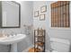 Cozy half bathroom featuring stylish pedestal sink and framed art above the toilet at 1241 Newbridge Trce, Brookhaven, GA 30319
