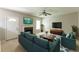 Cozy living room features a fireplace, a ceiling fan, and comfortable modern furniture at 260 Redding Rdg, Atlanta, GA 30349