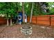Cozy backyard firepit area next to wooded area and behind a wooden fence at 1767 Tidewell Trce, Lawrenceville, GA 30043