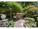 Landscaped backyard featuring a stone walkway, lush greenery, and a serene ambiance at 3511 Stone Cliff Way, Woodstock, GA 30189