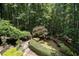 A beautifully landscaped backyard with lush greenery, stone pathways, and mature trees at 3511 Stone Cliff Way, Woodstock, GA 30189
