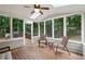Relaxing screened-in porch featuring wood flooring, skylights, and wooded backyard views at 770 Spalding Heights Dr, Atlanta, GA 30350