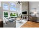 Bright living room with vaulted ceilings, stone fireplace and a wall of windows at 390 Wilde Green Dr, Roswell, GA 30075