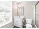 Bathroom with a white vanity, a window with blinds, and a white toilet at 7863 Kiverton Pl, Atlanta, GA 30350