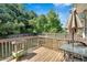 Outdoor deck with seating and table overlooking a backyard with mature trees and blue skies at 127 Muirwood Dr, Temple, GA 30179