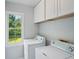 Laundry room with white cabinets, a window, and modern white washer and dryer at 2268 Orleans Ave, Marietta, GA 30062