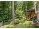 Lush backyard featuring a wooden deck, green grass, and mature trees providing privacy at 2214 Trilleck Nw Dr, Kennesaw, GA 30152