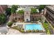 Aerial view of pool area with lounge chairs, shade umbrellas, and lush landscaping at 170 Boulevard Se # E120, Atlanta, GA 30312