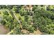 Aerial view of the lush, green acreage with several structures, mature trees and pond at 677 Panola Rd, Ellenwood, GA 30294