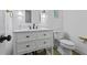Neat bathroom with modern white vanity, fixtures, and toilet; stylish and efficient space at 555 Valley Hall Dr, Atlanta, GA 30350