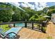 Expansive wood deck overlooking the beautiful backyard and pool area offers an inviting outdoor space at 555 Valley Hall Dr, Atlanta, GA 30350